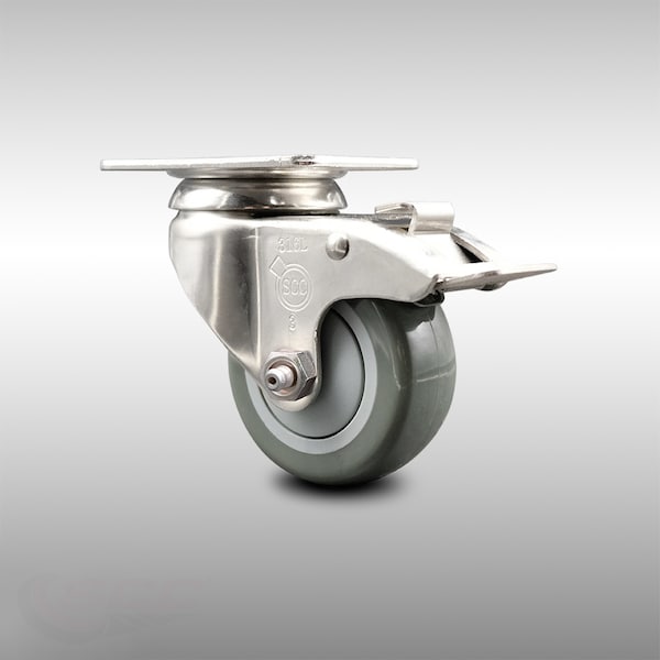 3 Inch 316SS Gray Polyurethane Swivel Top Plate Caster with Total Lock Brake